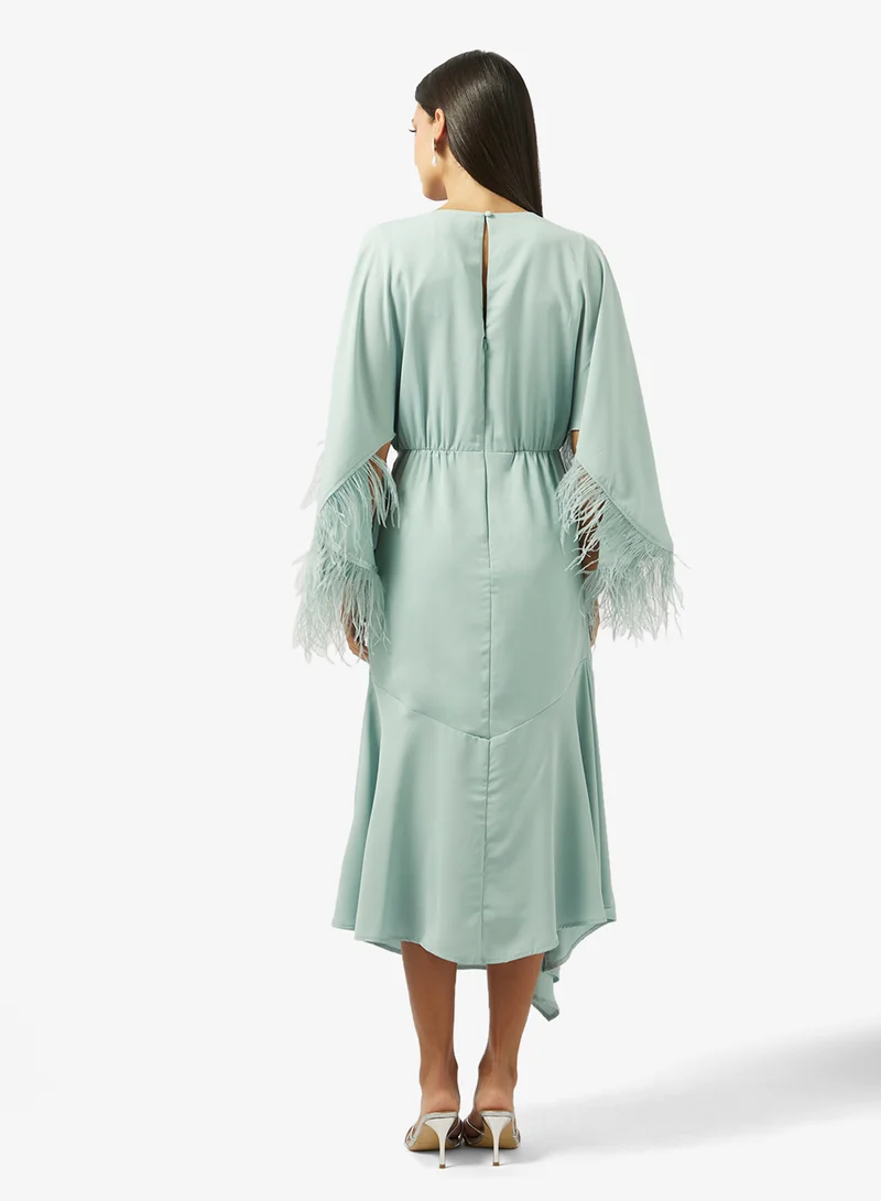 Hope & Ivy Feather Trim Flutter Sleeve Midi Dress With Embellished Bows